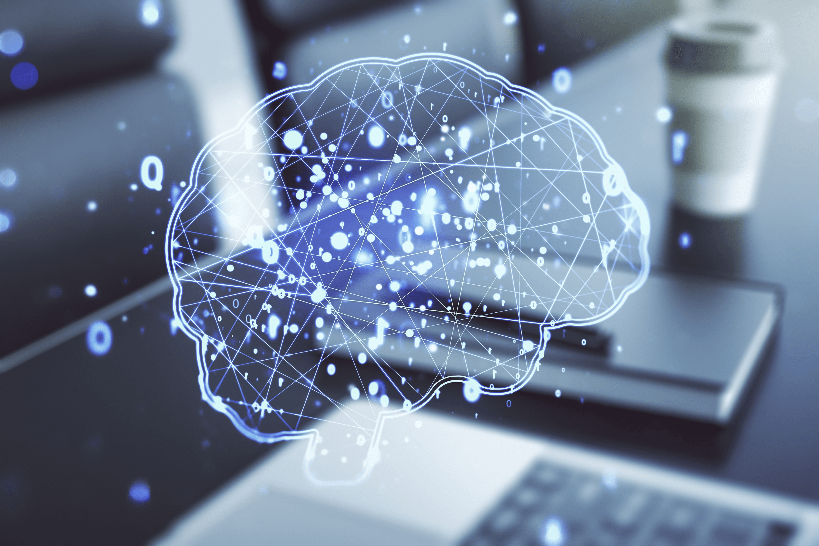 Work desk with a brain diagram, symbols, and letters representing IQ test selection