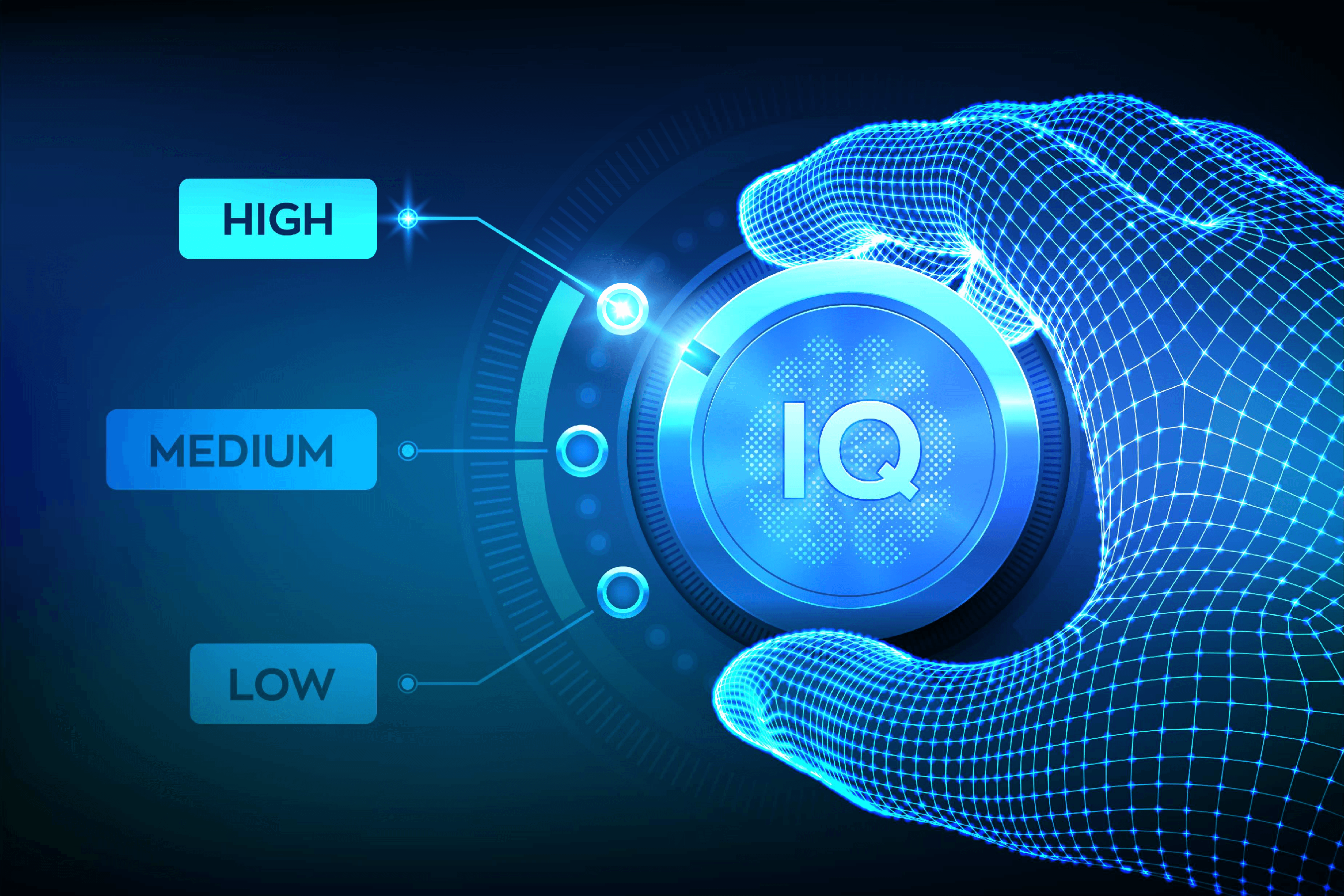 Digital hand holding IQ-labeled controller with candle and difficulty settings, symbolizing IQ training app