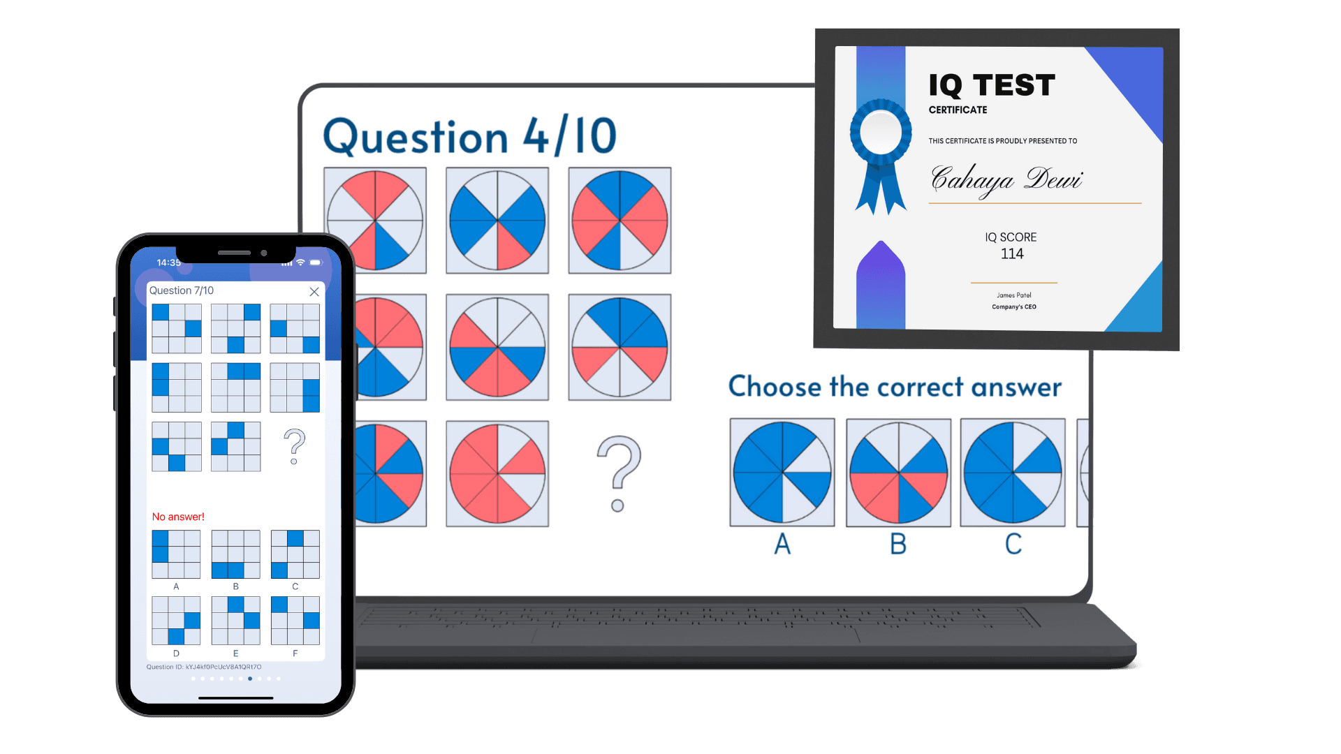 Smartphone and laptop displaying IQ test questions with a visible IQ certificate on screen