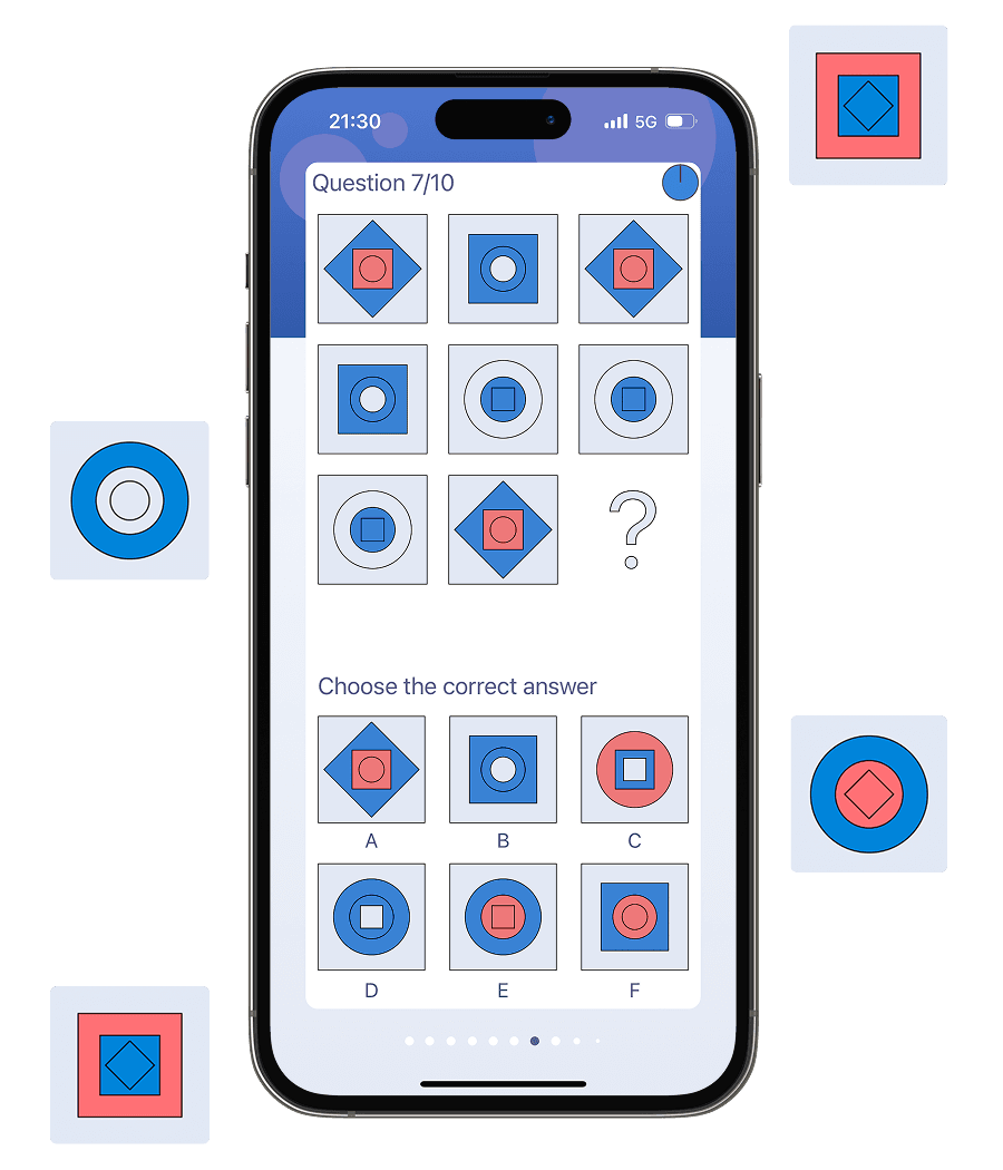 IQ Arena app showing a sample IQ test question focused on logical reasoning